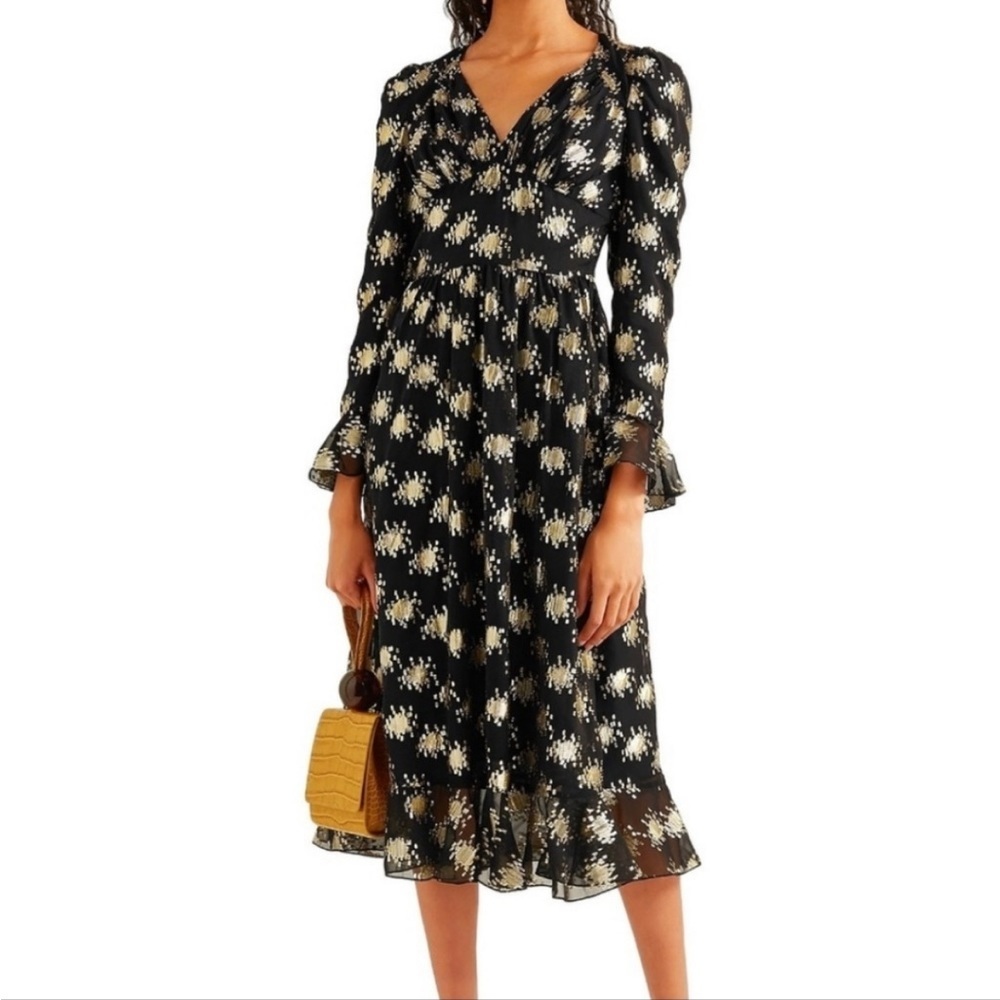 Stine Goya Black Gold Metallic William 602 Lurex Dots Silk Chiffon Midi Dress